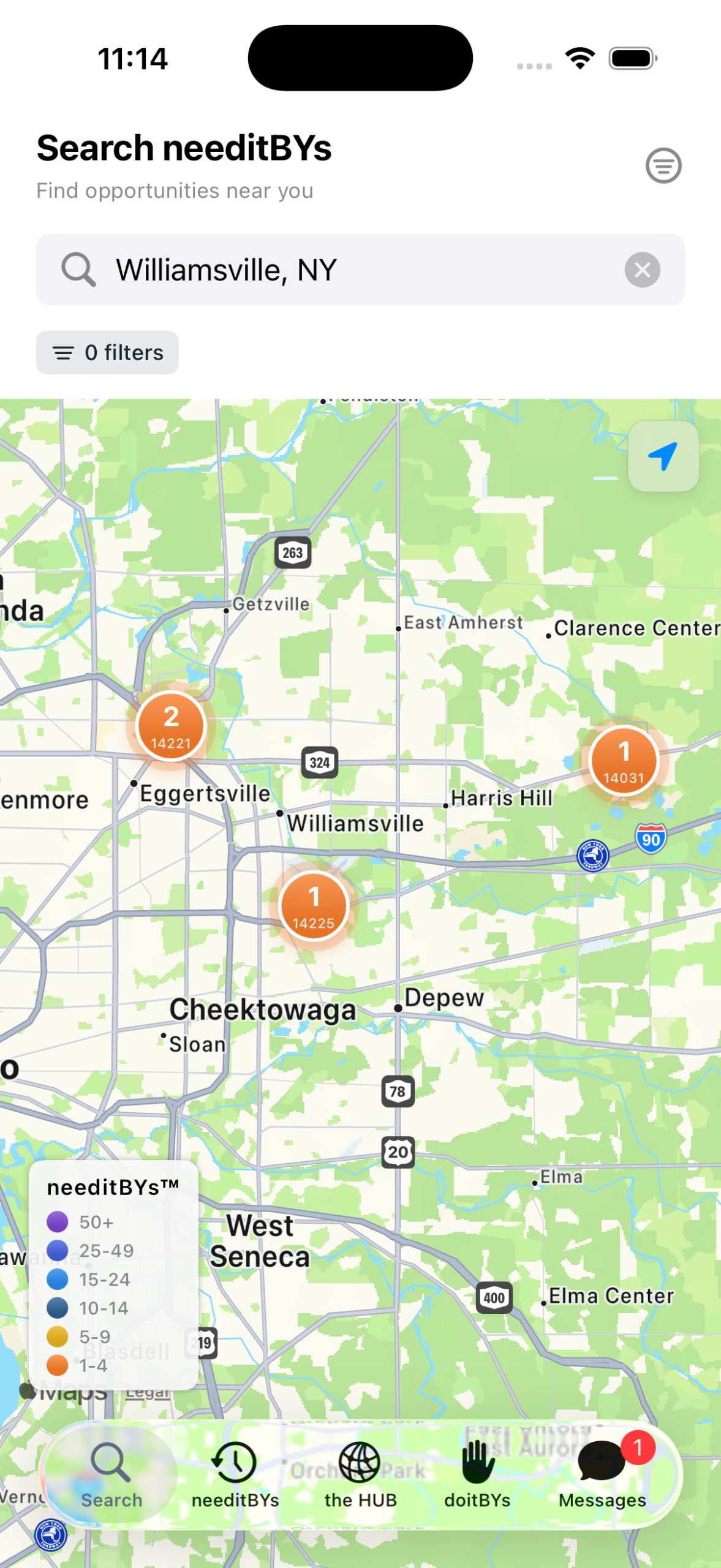Map view of nearby needitBY requests