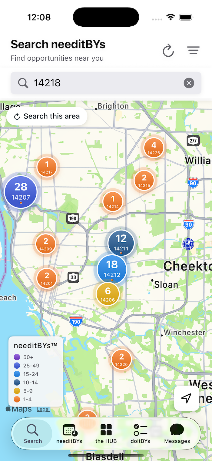 needitBY app map of Buffalo, New York showing open service needs clustered by ZIP code, with no exact addresses shown