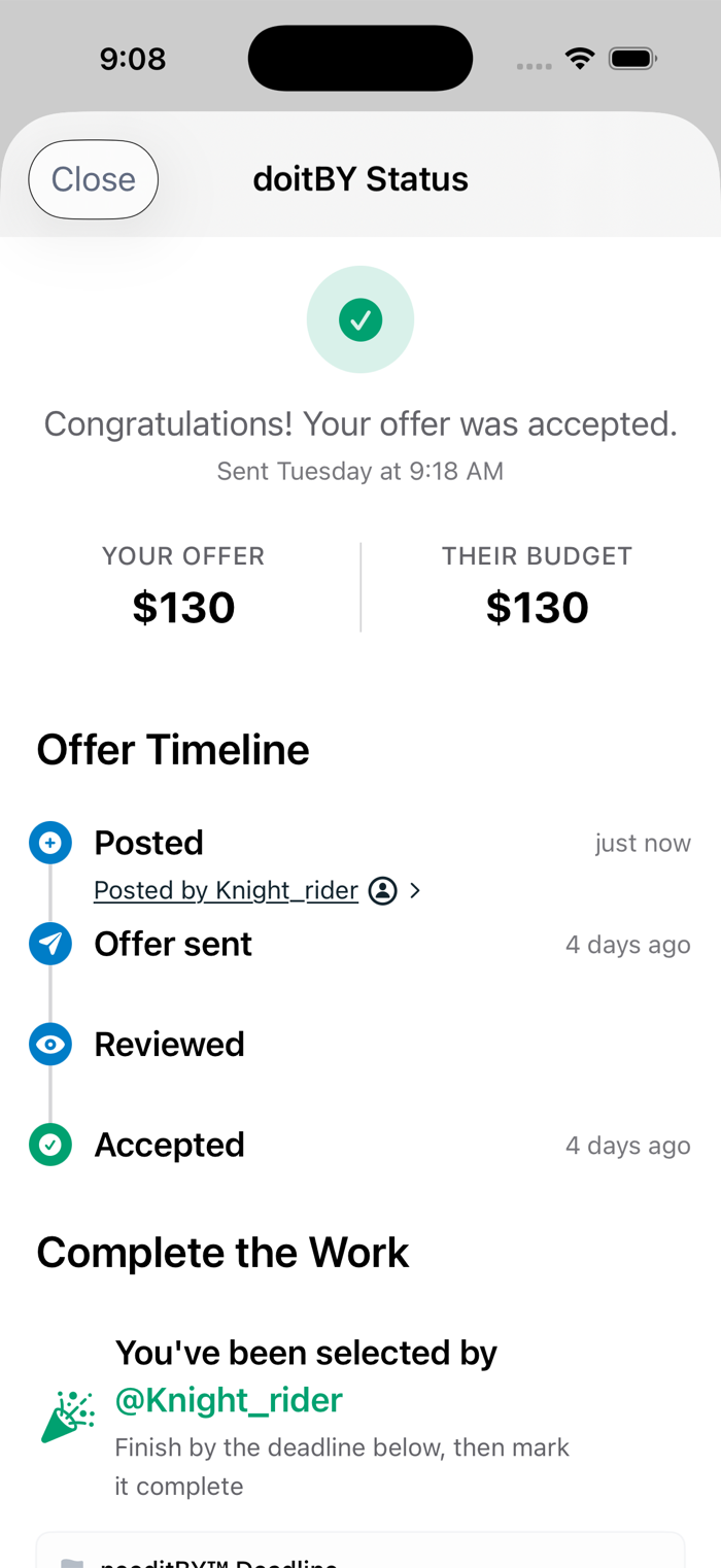 needitBY confirmation that a provider's offer was accepted, with offer amount, application timeline and deadline