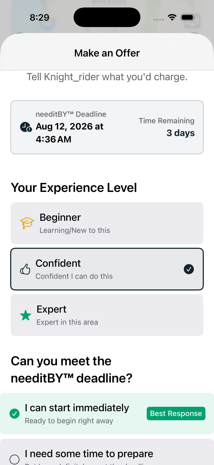needitBY offer screen asking a provider to confirm their experience level and that they can meet the deadline