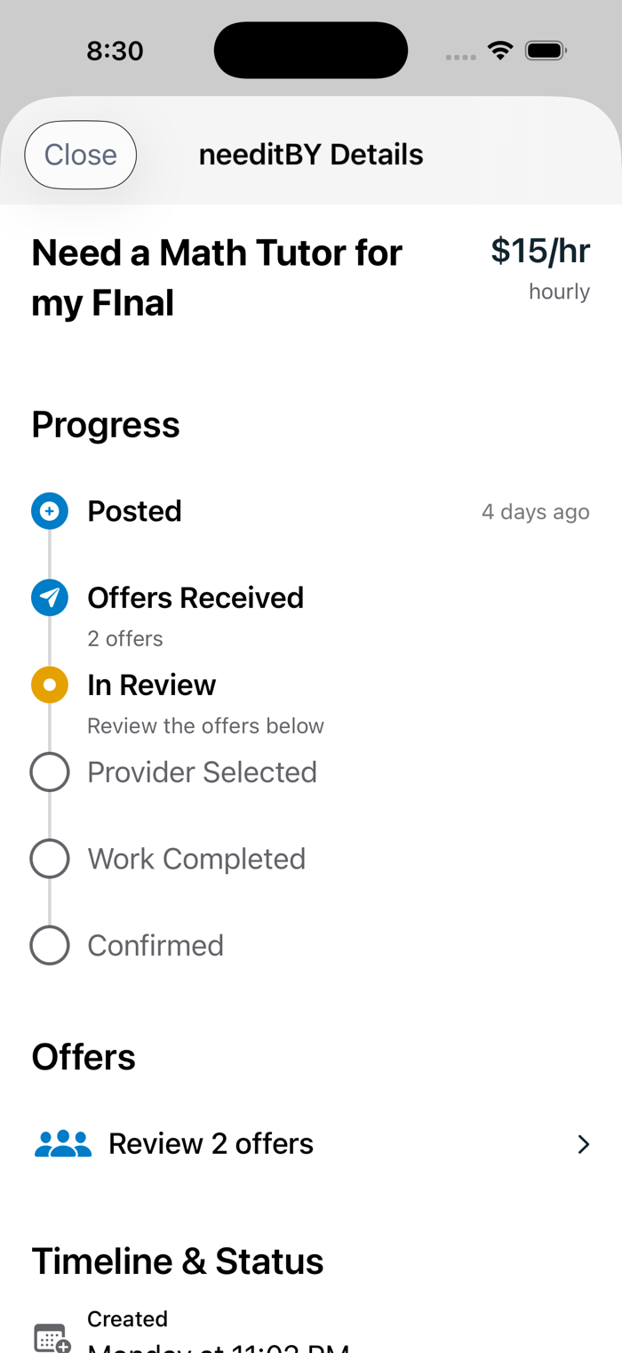 needitBY progress timeline: Posted, Offers Received, In Review, Provider Selected, Work Completed, Confirmed