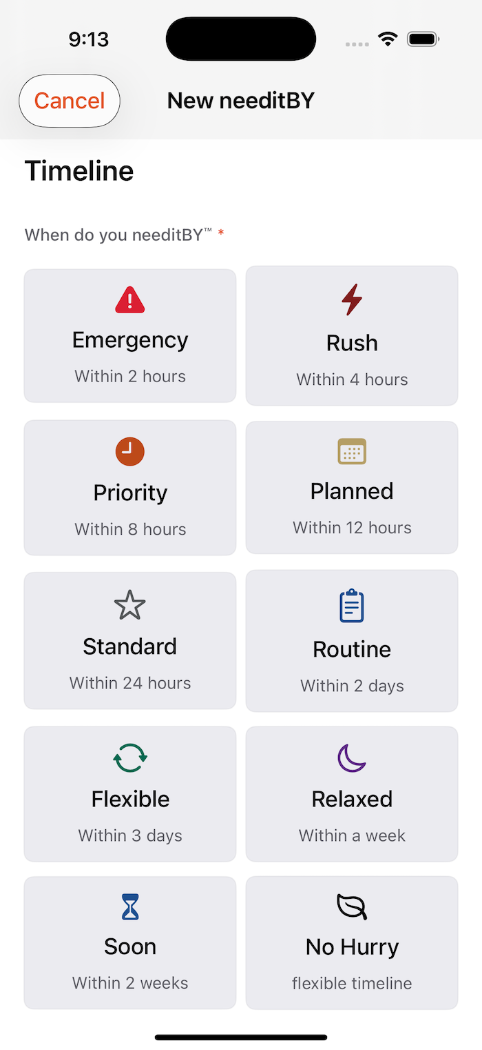 needitBY urgency picker showing ten deadline tiers from Emergency within two hours to No Hurry